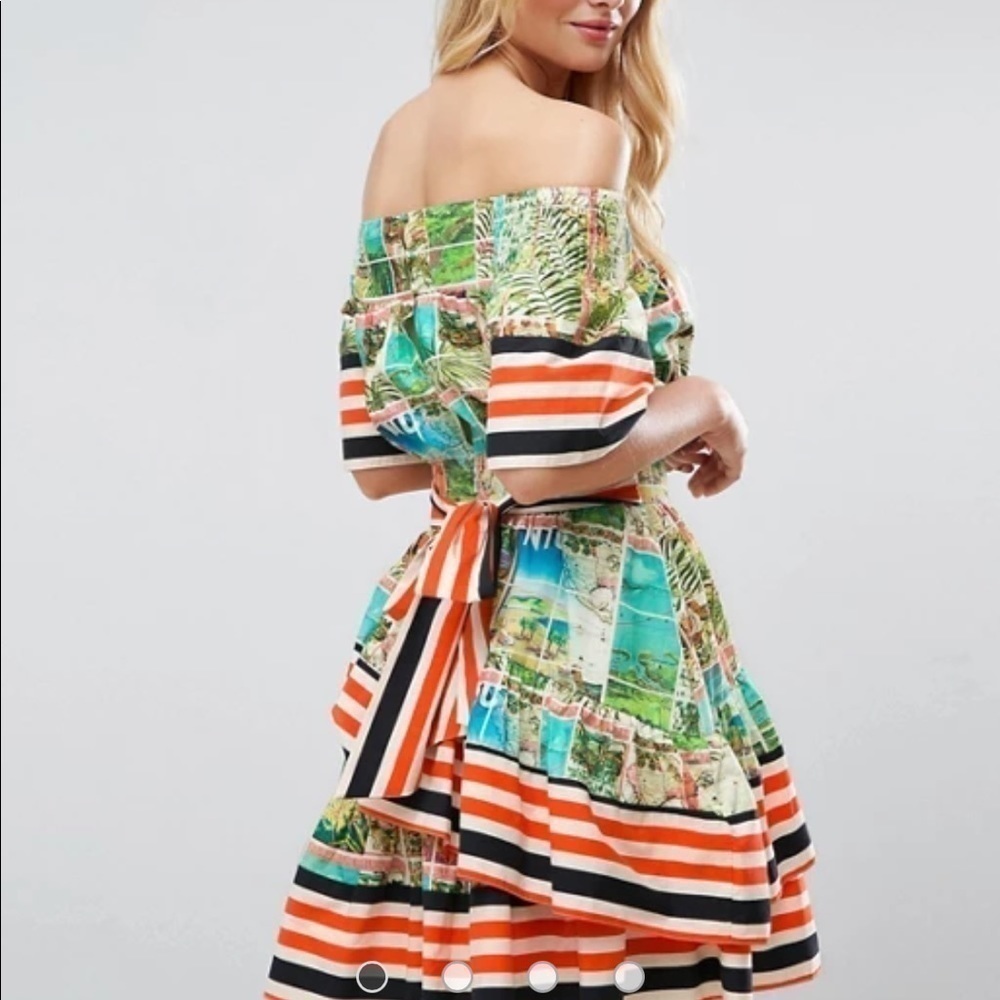 ASOS Off Shoulder Dress In Postcard And Stripe Print - Picture 13 of 16